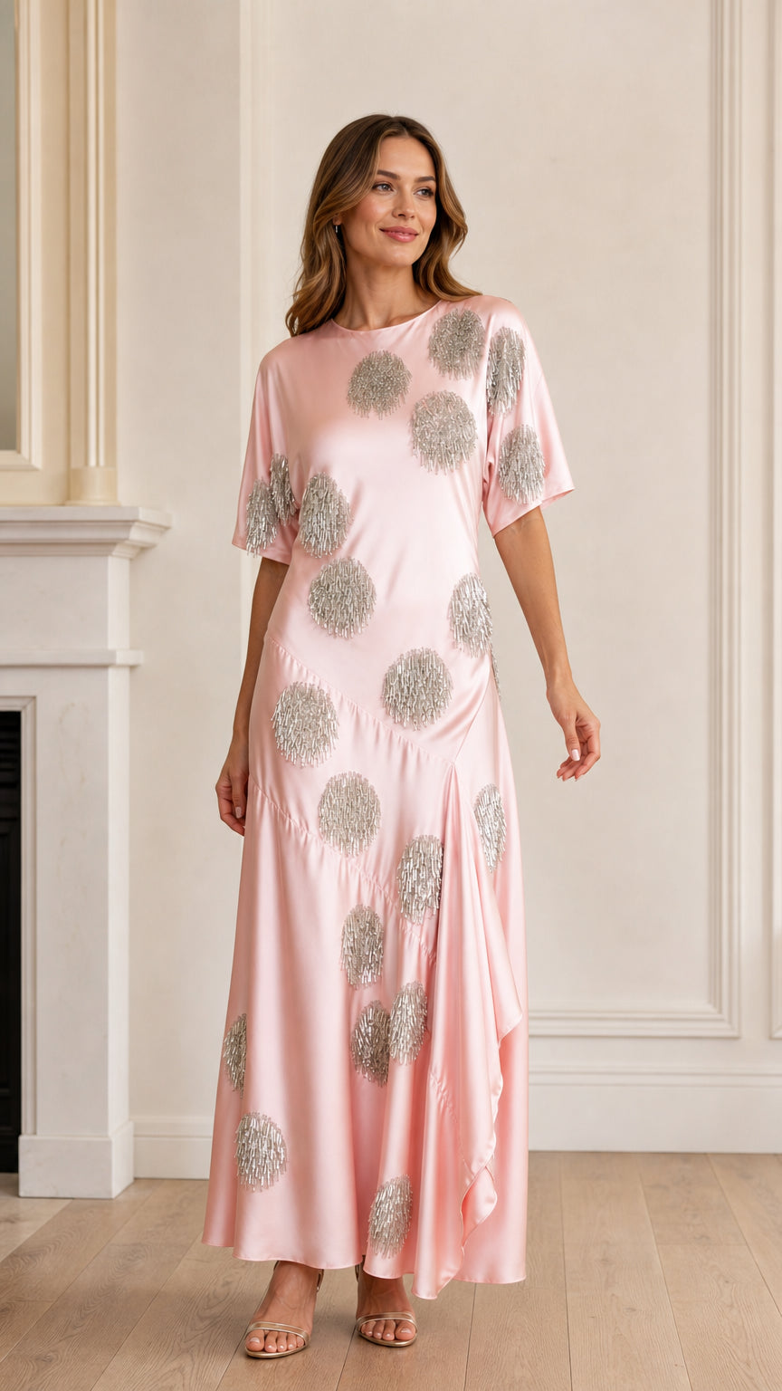 Front view of model wearing pink sequin polka dot satin maxi dress