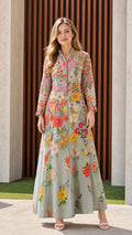 Front full view of woman wearing sage green floral embroidered maxi dress