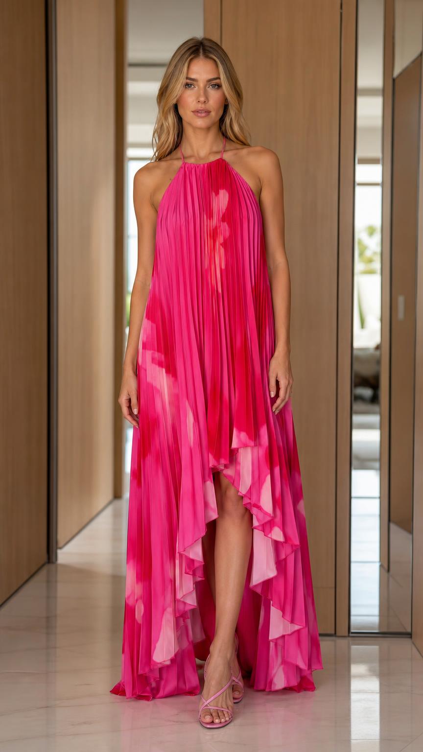 Front view of woman wearing fuchsia pleated halter maxi dress