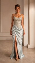 Beaded Halter Satin Drape Slit Evening Gown