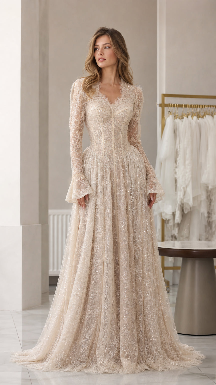 Front view of champagne lace long-sleeve evening dress