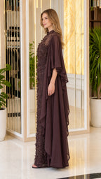 Side profile view of dark brown formal gown