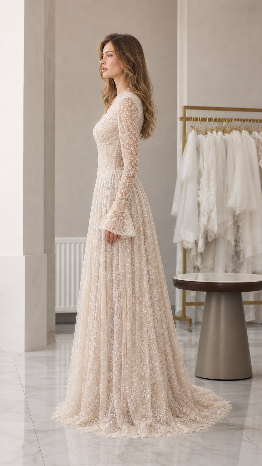 Side profile view of champagne lace evening gown