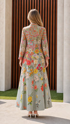 Back view of sage green floral embroidered maxi dress