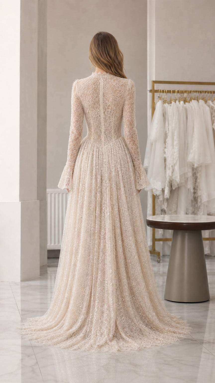Back view showing subtle train of champagne lace dress