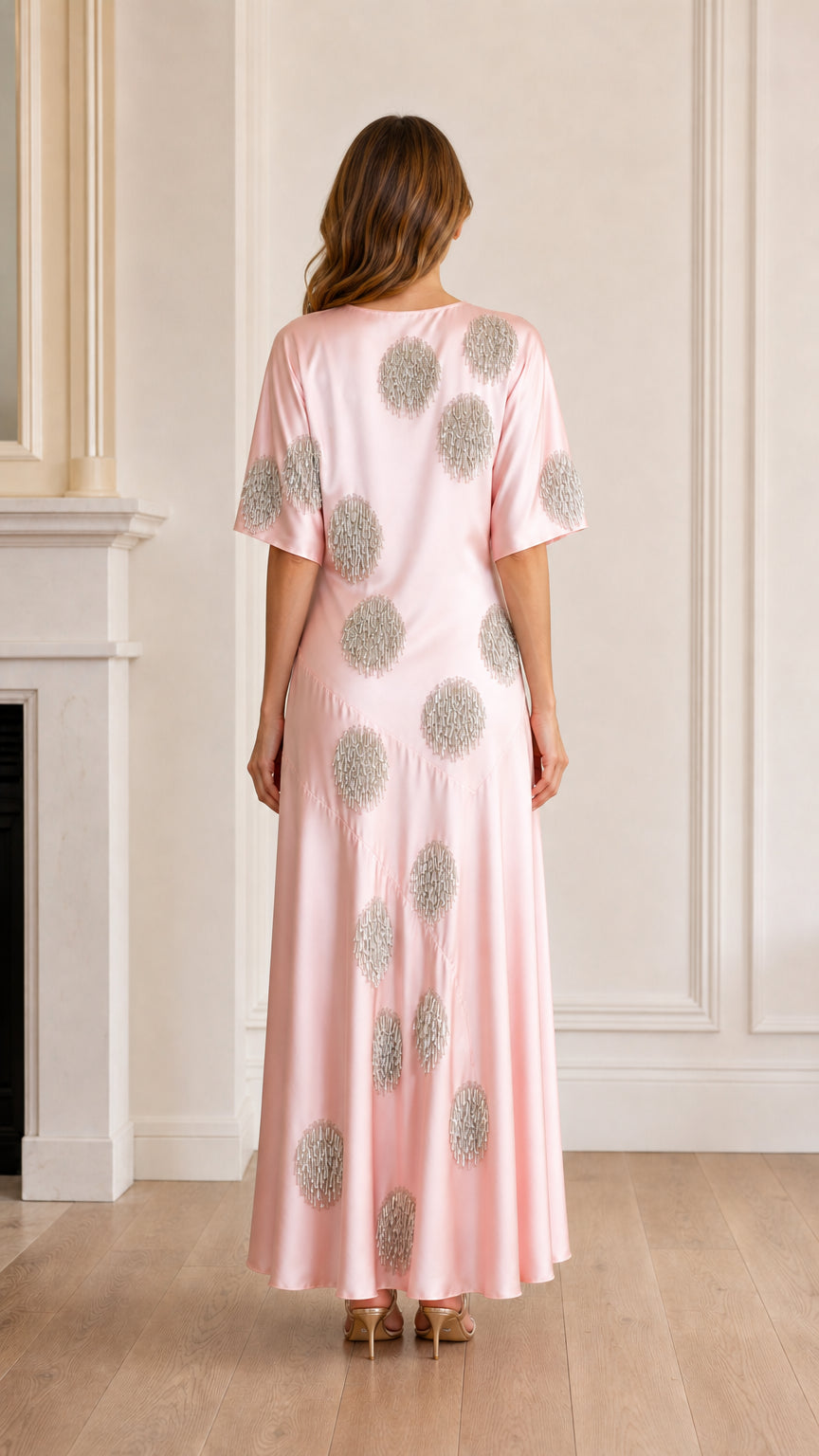 Back view of pink satin maxi dress