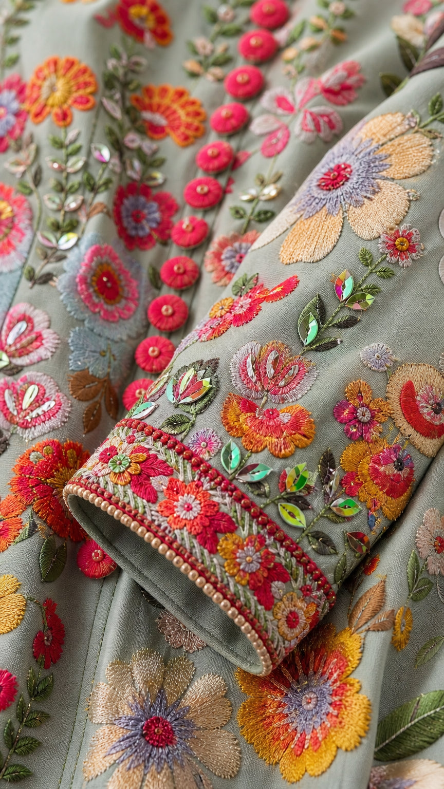 Close-up detail of multi-colored floral embroidery and beadwork on sleeve cuff