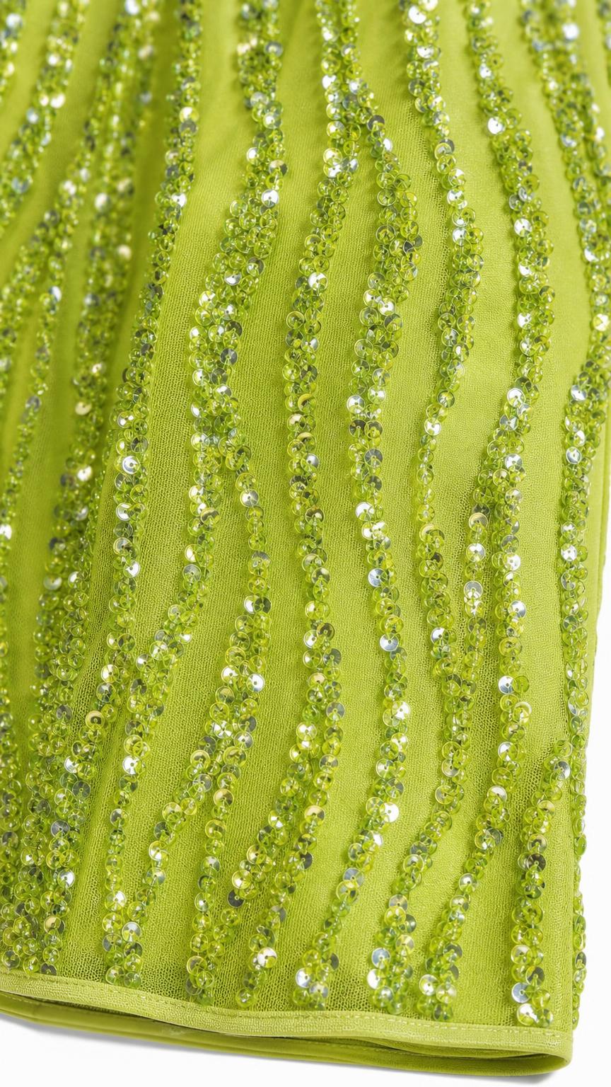 Close-up detail of vertical wavy sequin and bead embellishments