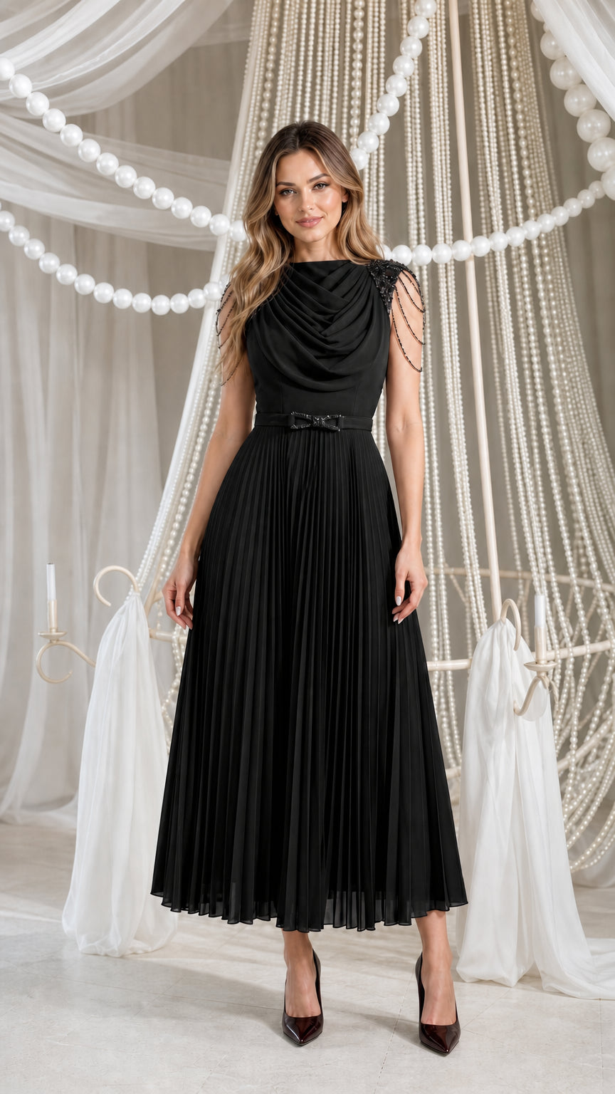 Front view of black pleated midi dress