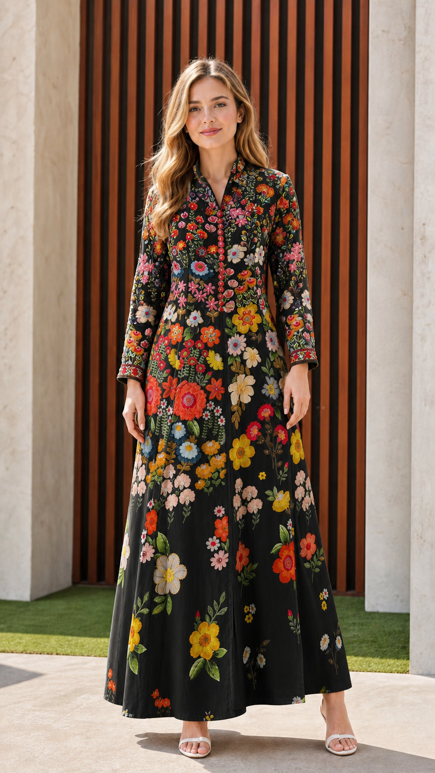 Front full view of black floral embroidered maxi dress