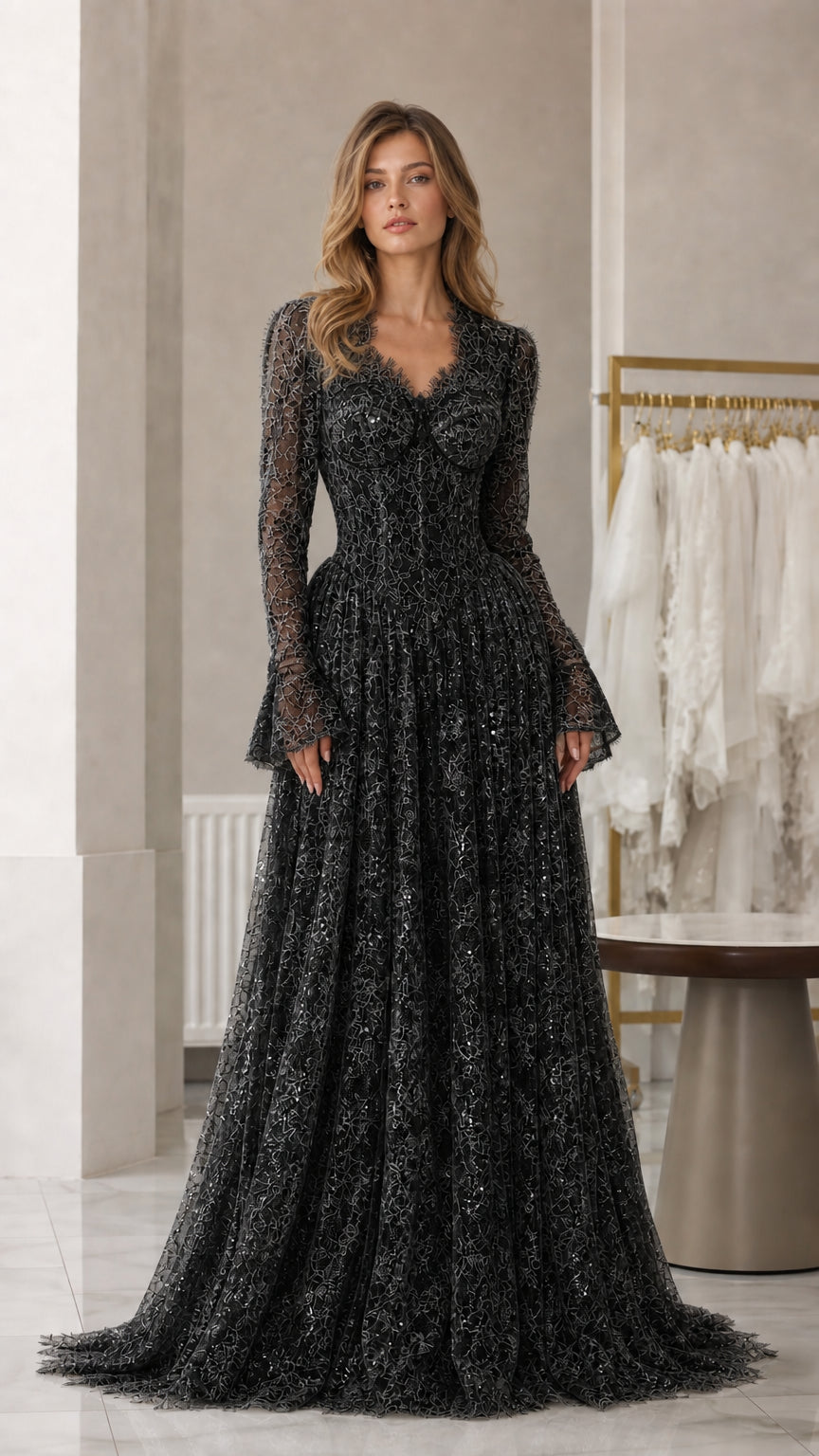Front view of black lace long-sleeve evening dress