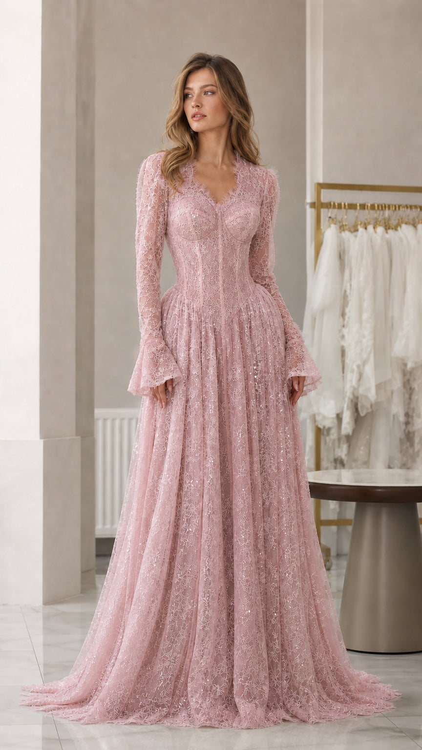 Front view of pink lace long-sleeve evening dress