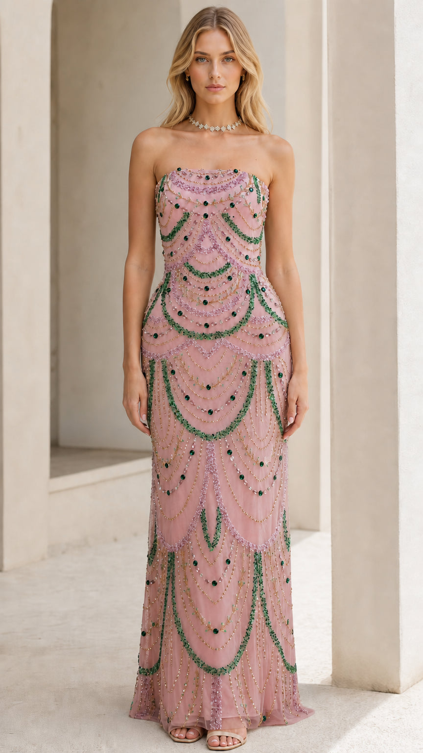 Front view of model wearing the pink beaded evening gown variant
