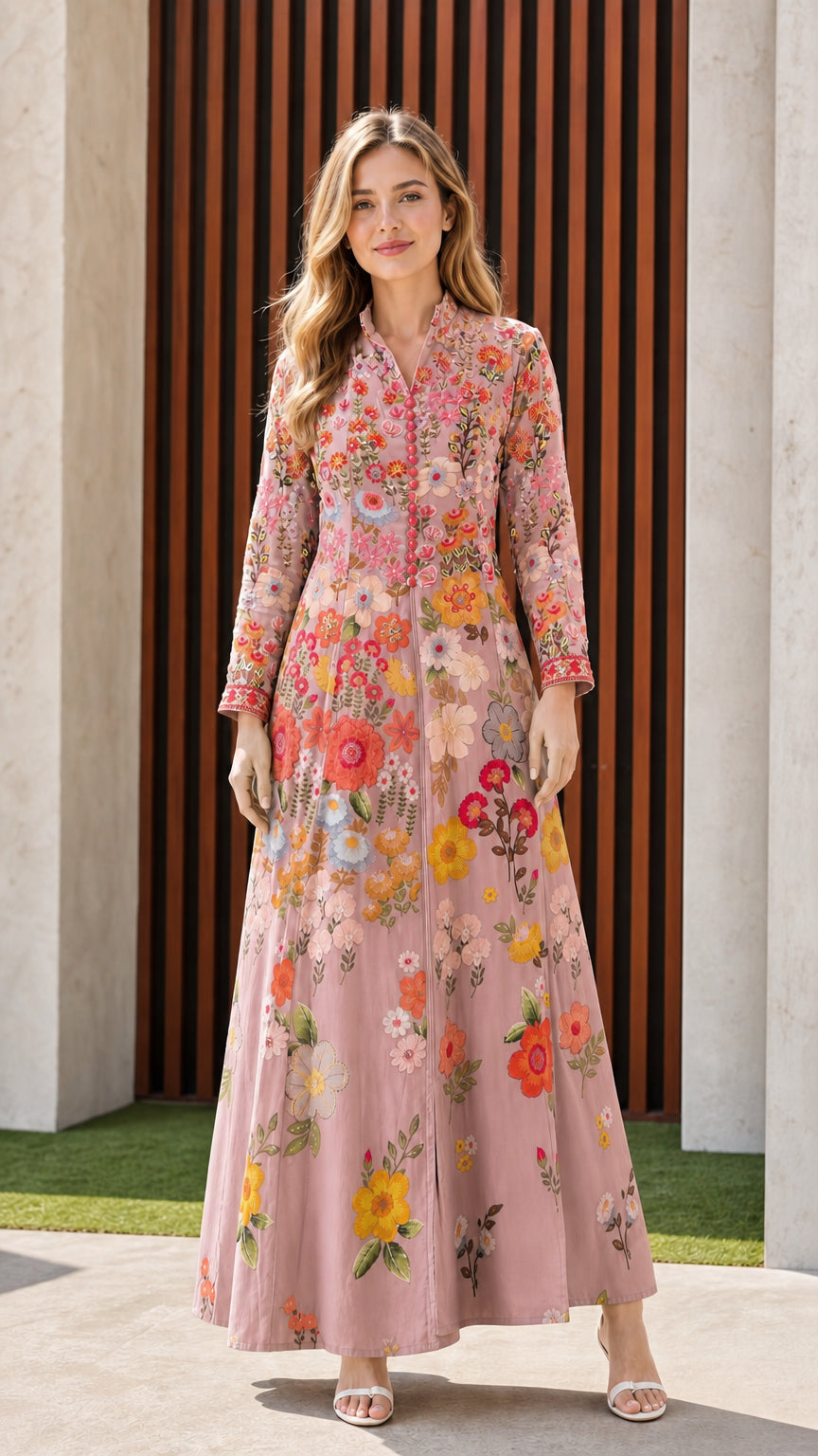 Front full view of pink floral embroidered maxi dress