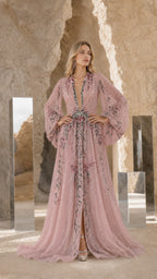 Front view of Dusty Rose embroidered beaded long sleeve evening gown
