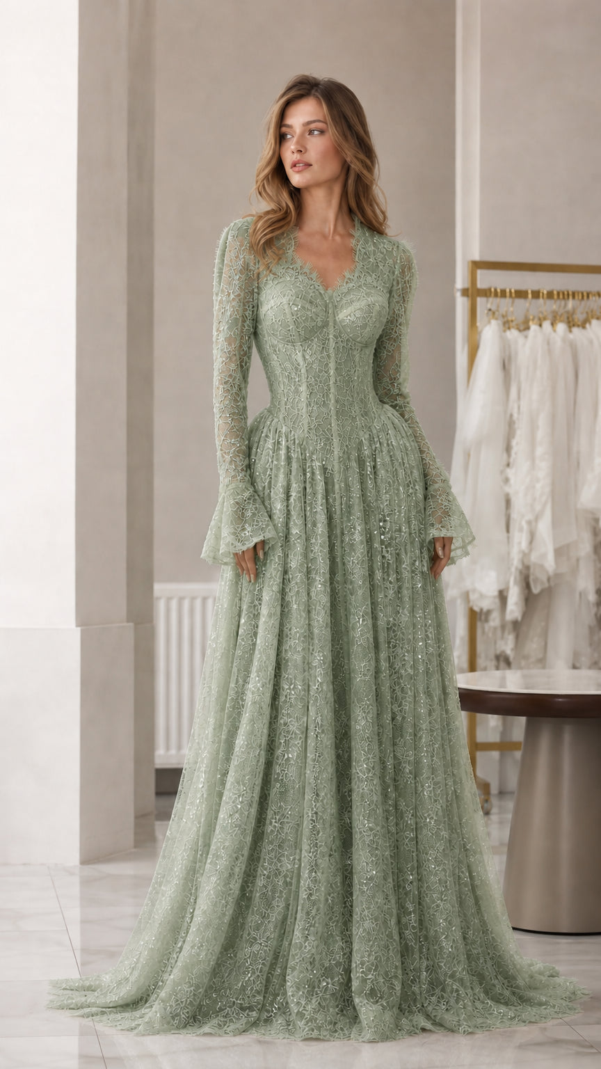 Front view of sage green lace long-sleeve evening dress