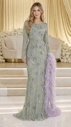 Sage green embellished long sleeve evening gown with feather accent
