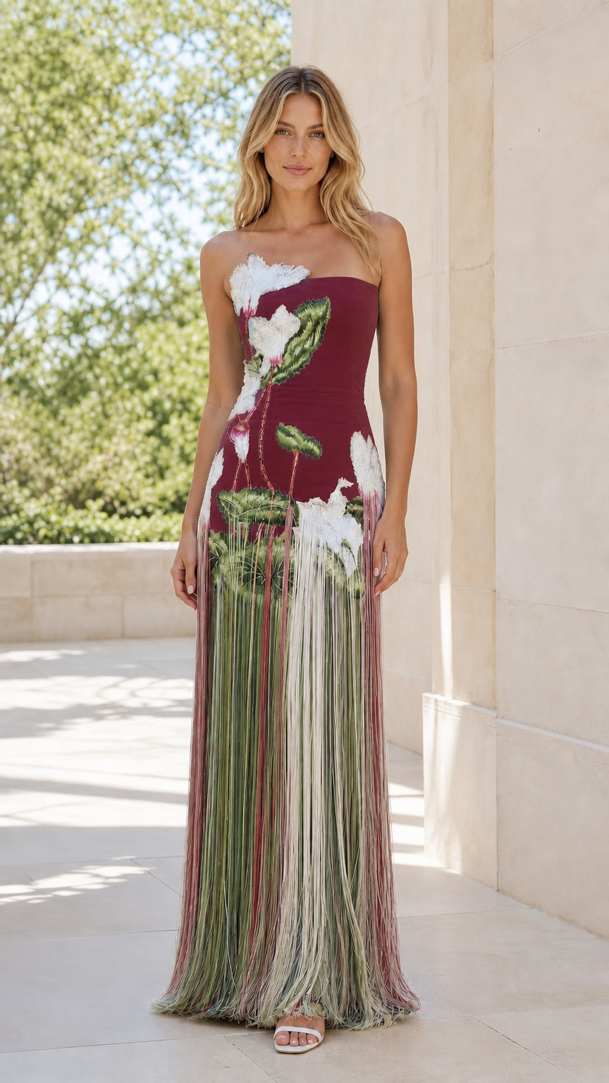 Front view of Burgundy color variant of the embroidered fringe maxi dress