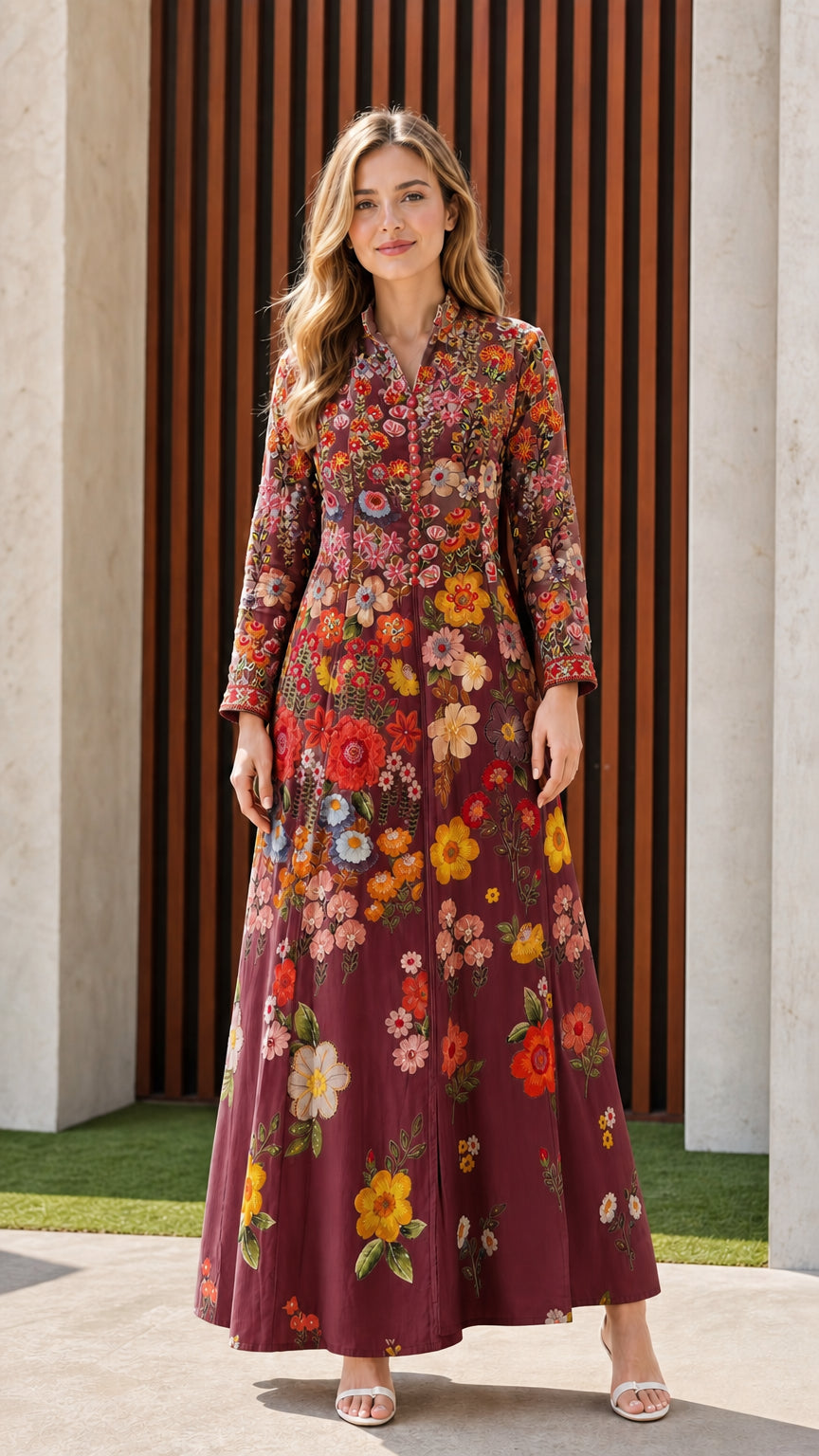 Front full view of burgundy floral embroidered maxi dress