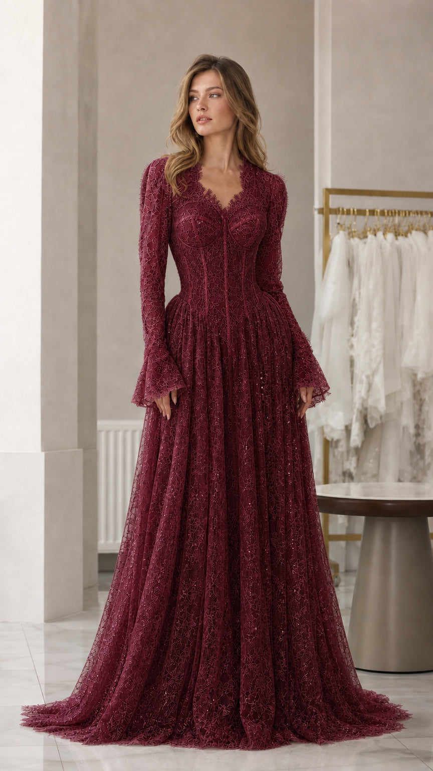 Front view of burgundy lace long-sleeve evening dress