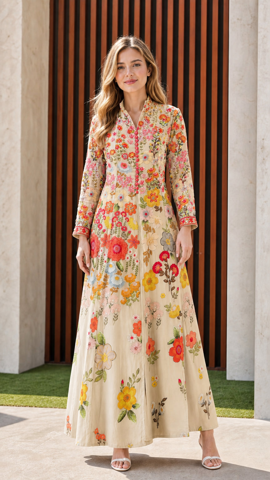 Front full view of cream floral embroidered maxi dress